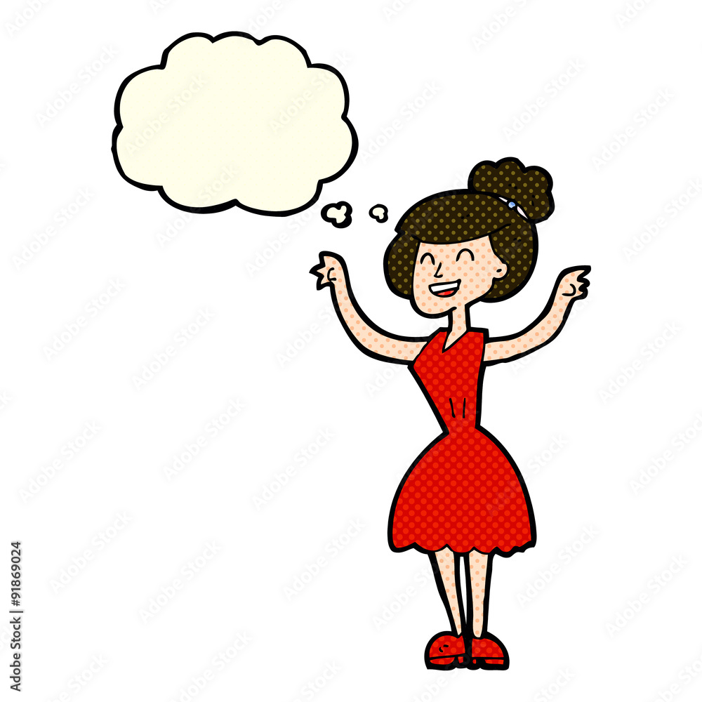cartoon woman with raised arms with thought bubble cartoon woman with raised arms with thought bubble