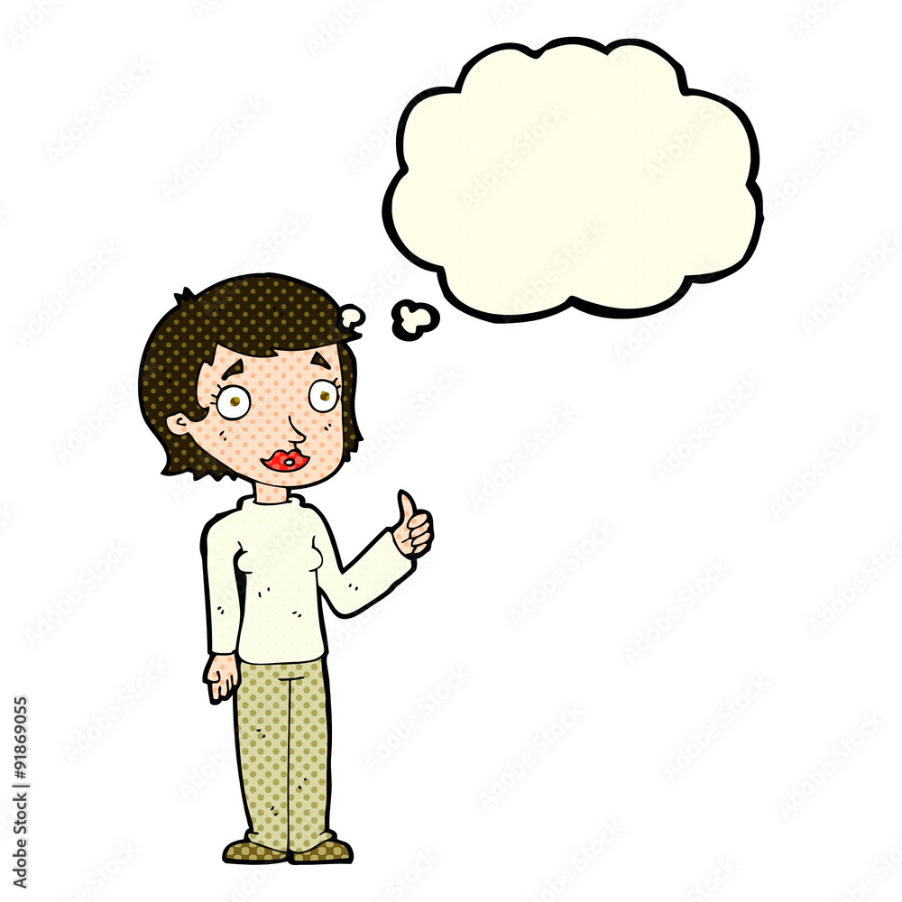 cartoon woman giving thumbs up symbol with thought bubble cartoon woman giving thumbs up symbol with thought bubble