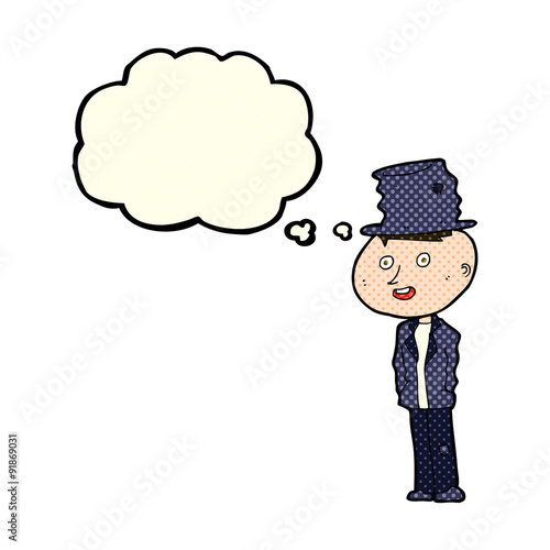 cartoon funny hobo man with thought bubble