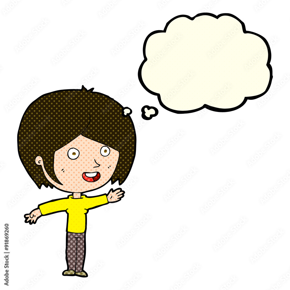 cartoon happy girl waving with thought bubble cartoon happy girl waving with thought bubble