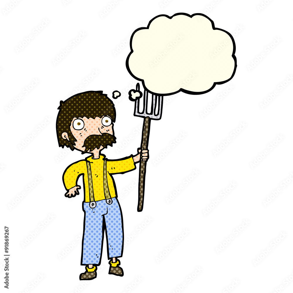 cartoon farmer with pitchfork with thought bubble cartoon farmer with pitchfork with thought bubble