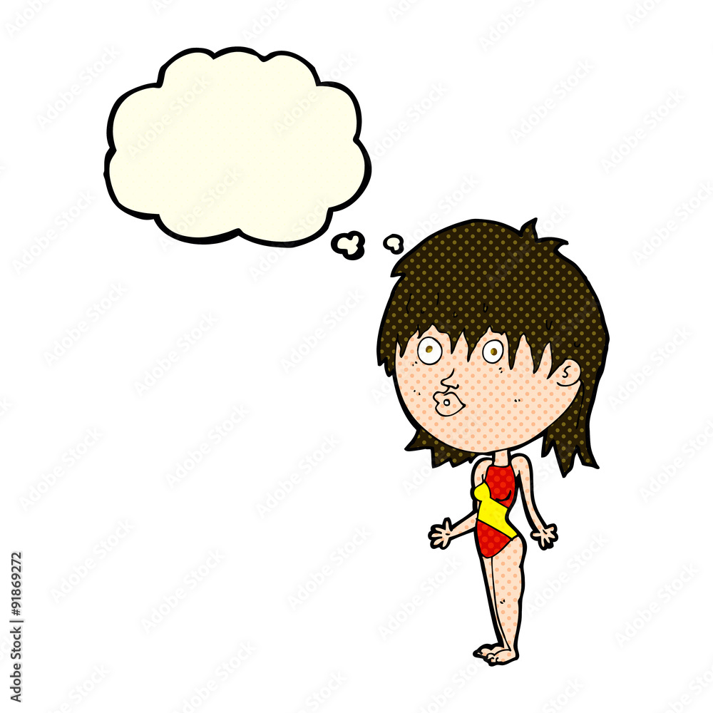 cartoon woman in swimsuit shrugging shoulders with thought bubbl cartoon woman in swimsuit shrugging shoulders with thought bubbl