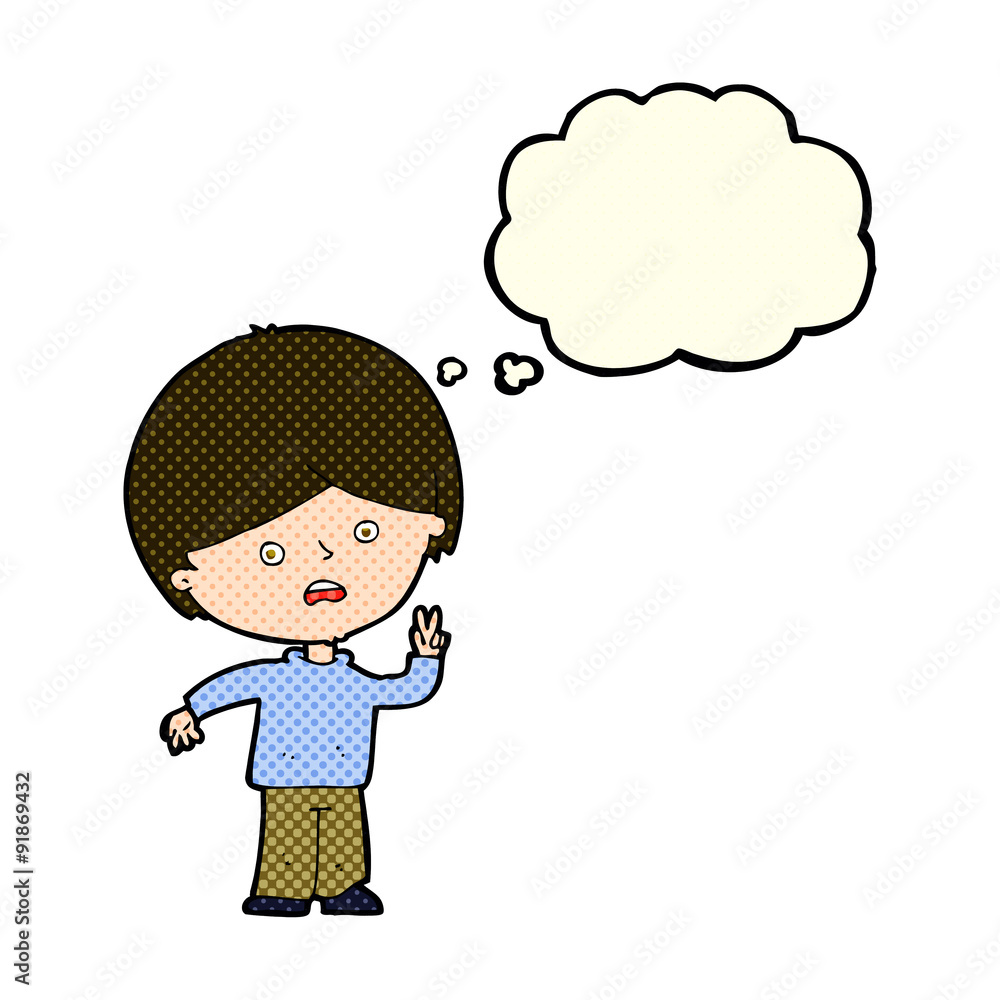 cartoon unhappy boy giving peace sign with thought bubble cartoon unhappy boy giving peace sign with thought bubble
