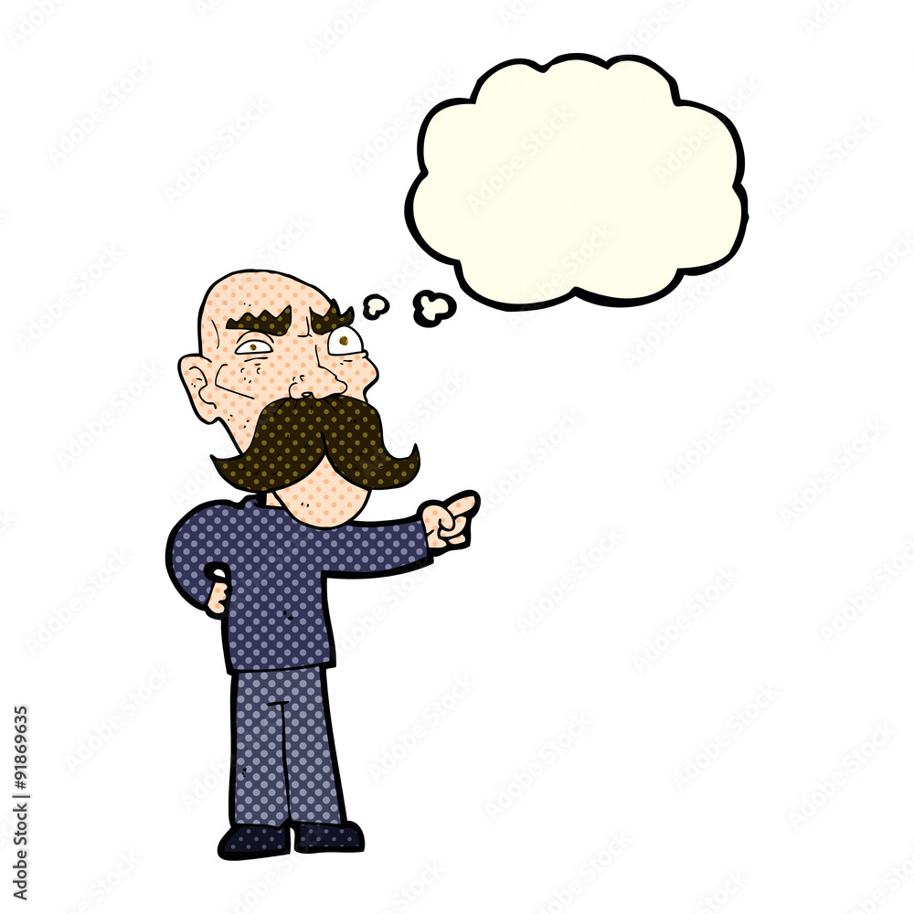 cartoon annoyed old man pointing with thought bubble