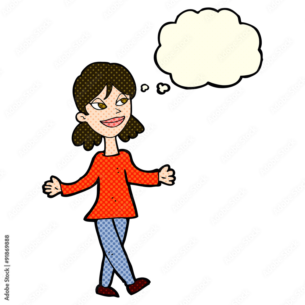 cartoon woman with no worries with thought bubble cartoon woman with no worries with thought bubble