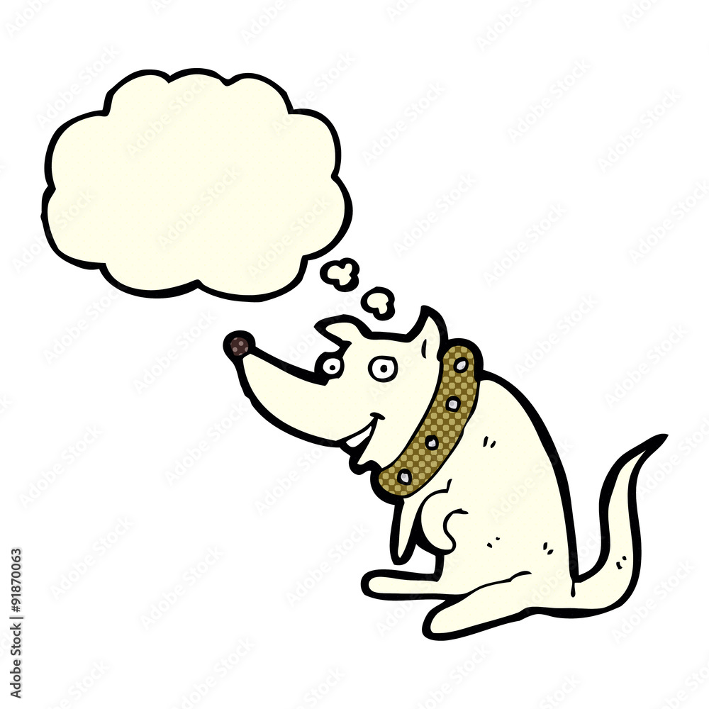 cartoon happy dog in big collar with thought bubble cartoon happy dog in big collar with thought bubble