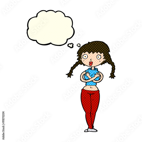 cartoon offended woman covering herself with thought bubble