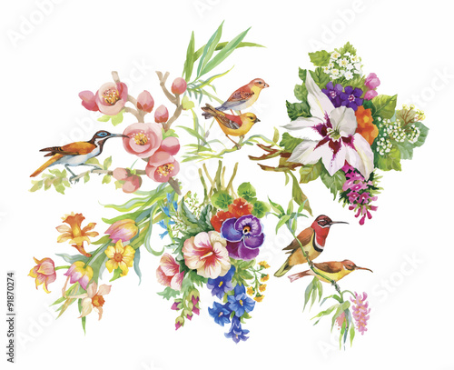 Watercolor hand drawn pattern with tropical summer flowers of