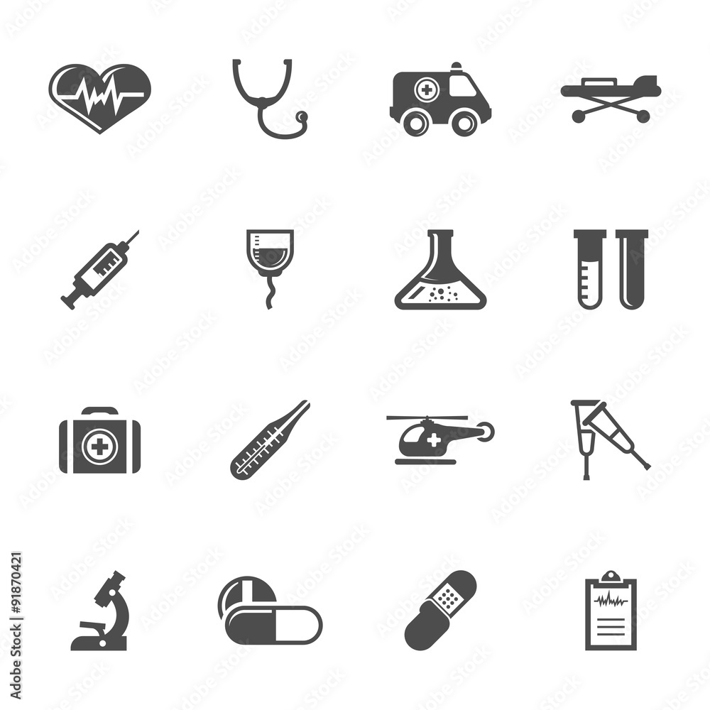 Vector grey medical icons set on white background Vector grey medical icons set on white background