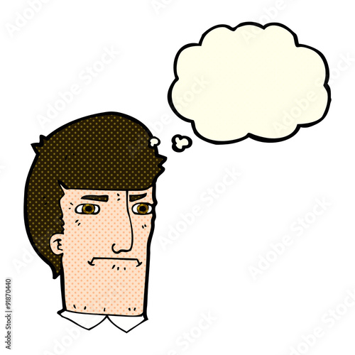 cartoon man narrowing eyes with thought bubble