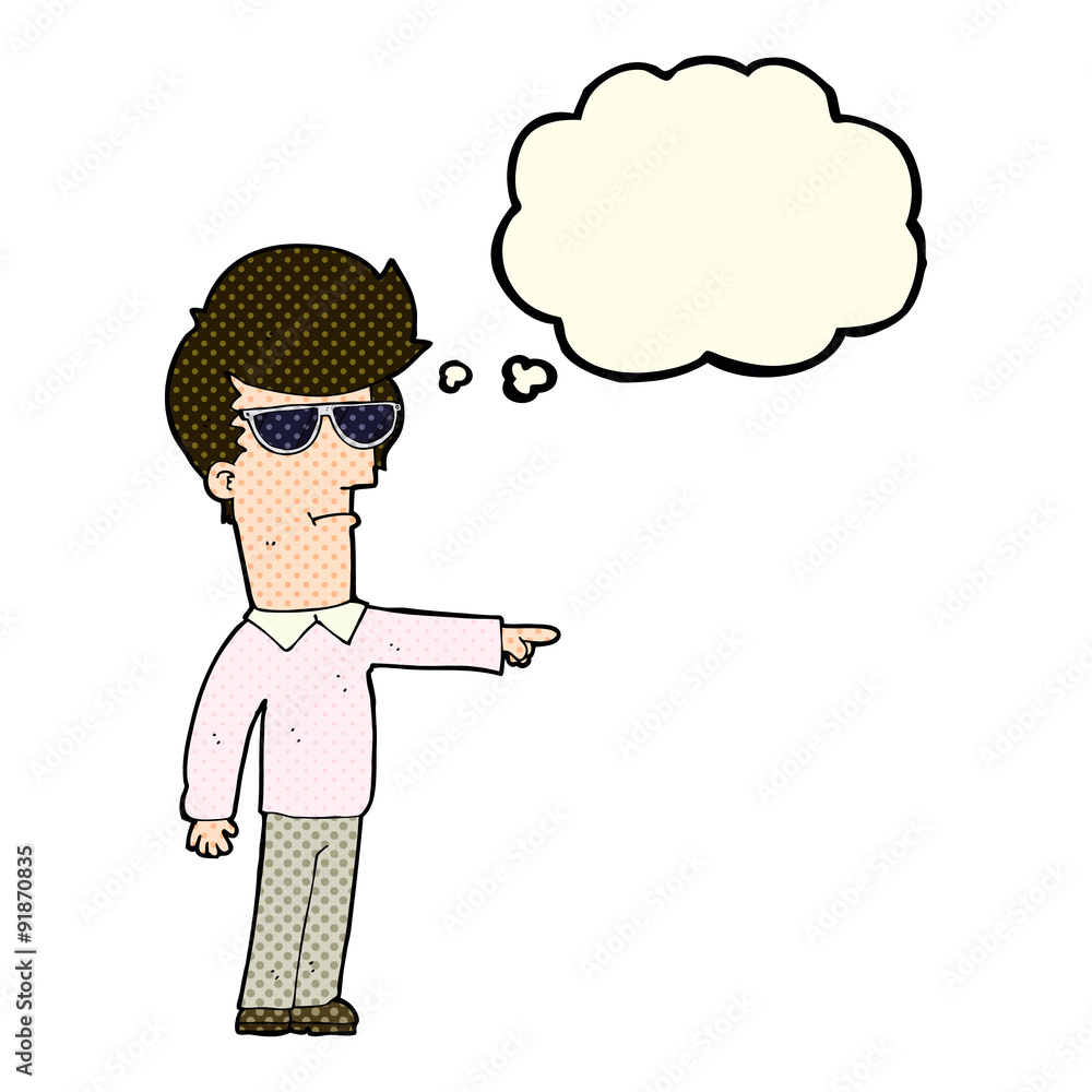 cartoon man in glasses pointing with thought bubble cartoon man in glasses pointing with thought bubble