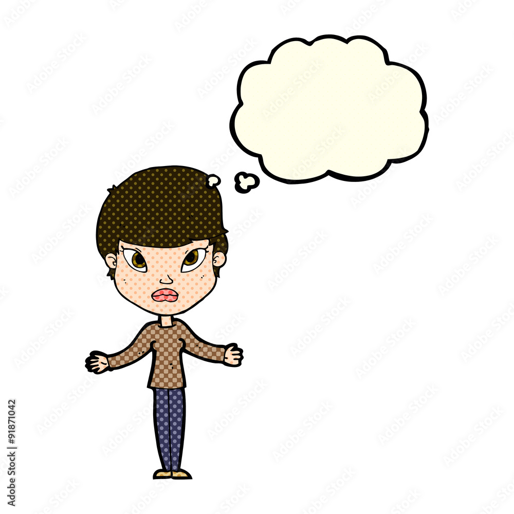 cartoon woman shrugging shoulders with thought bubble cartoon woman shrugging shoulders with thought bubble