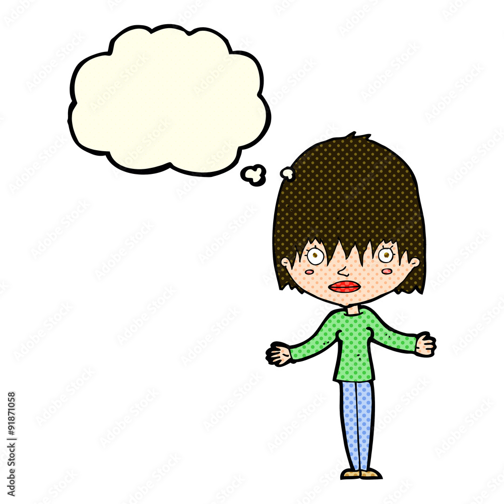 cartoon woman shrugging shoulders with thought bubble cartoon woman shrugging shoulders with thought bubble