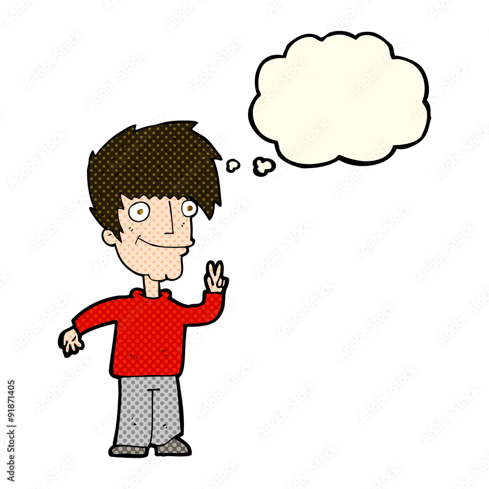 cartoon man giving peace sign with thought bubble cartoon man giving peace sign with thought bubble
