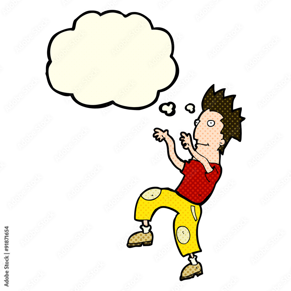 Fototapeta premium cartoon happy man doing funny dance with thought bubble