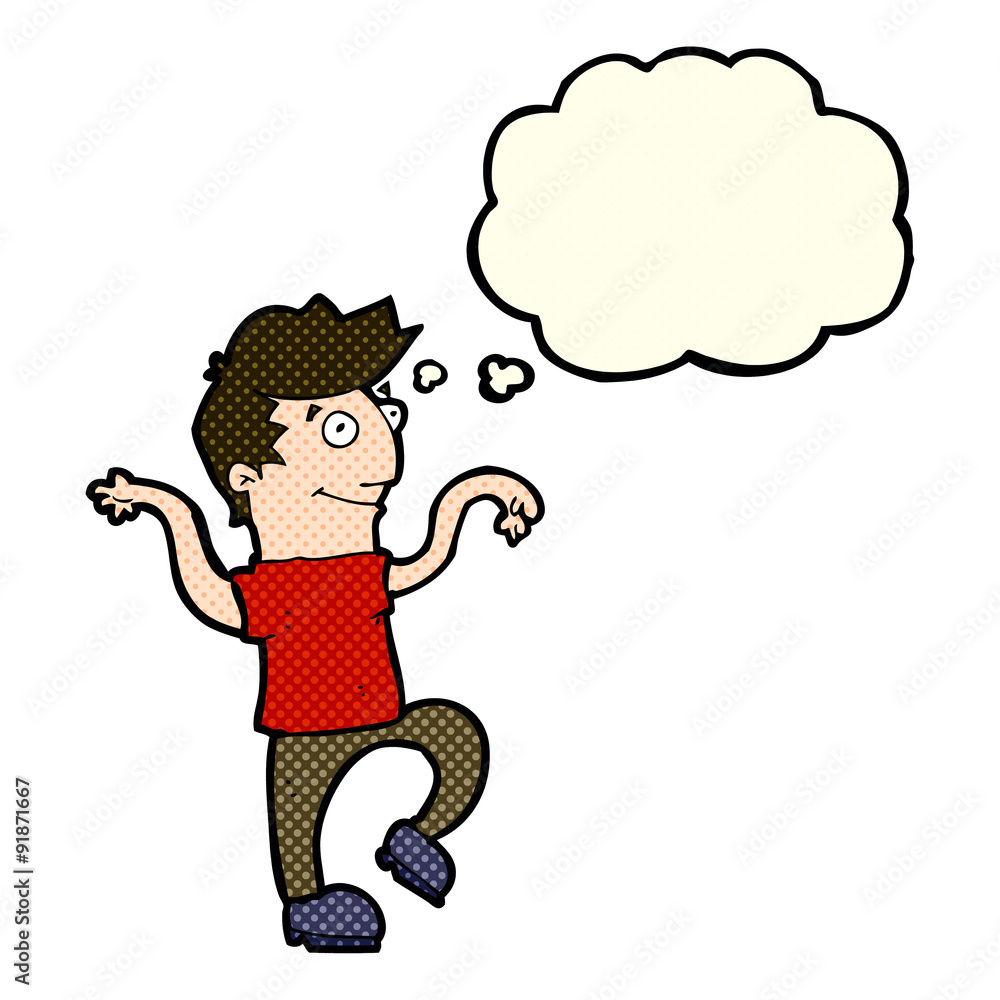 cartoon happy man doing funny dance with thought bubble cartoon happy man doing funny dance with thought bubble