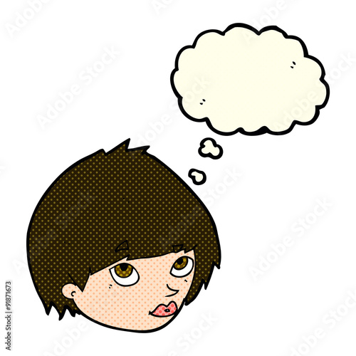 cartoon female face looking up with thought bubble