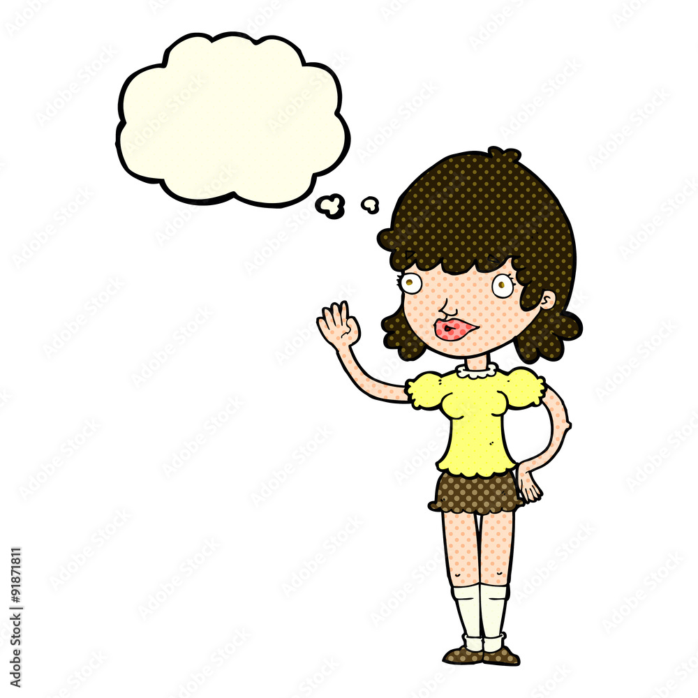 cartoon waving woman with thought bubble cartoon waving woman with thought bubble