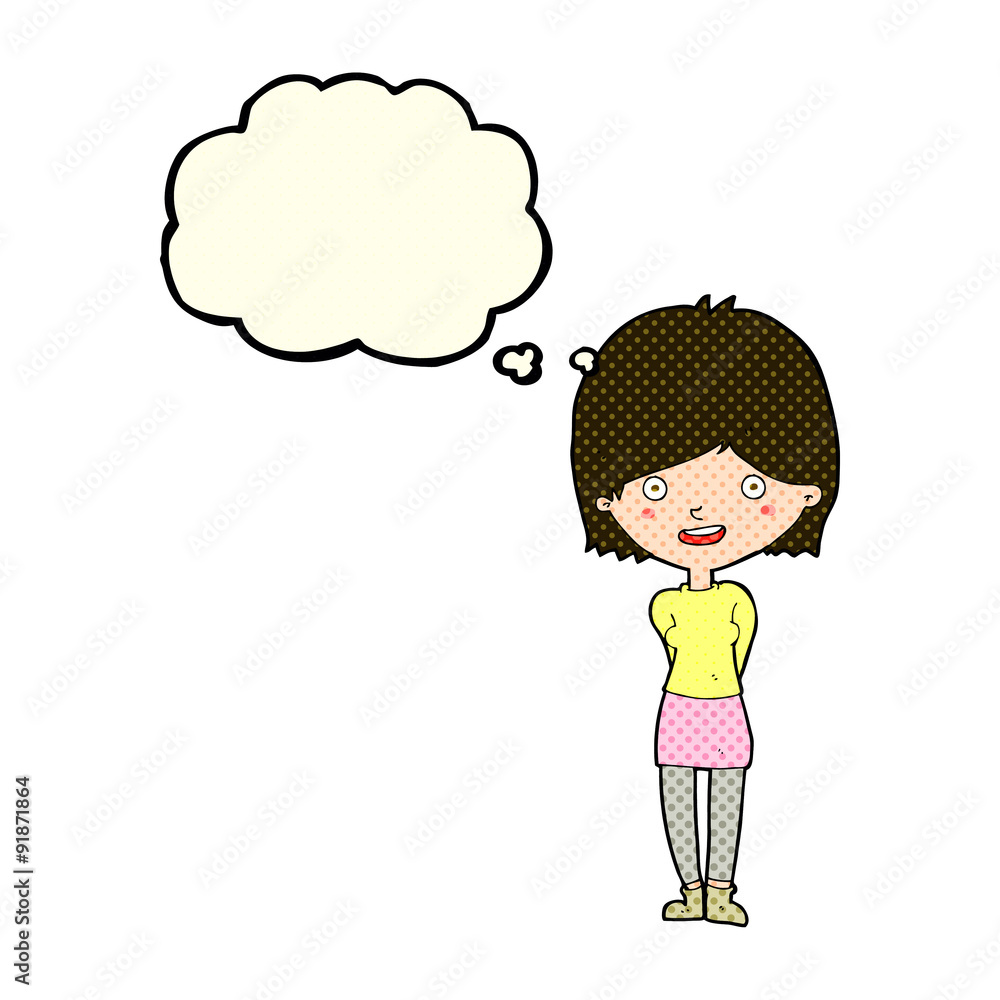 cartoon friendly woman with thought bubble cartoon friendly woman with thought bubble