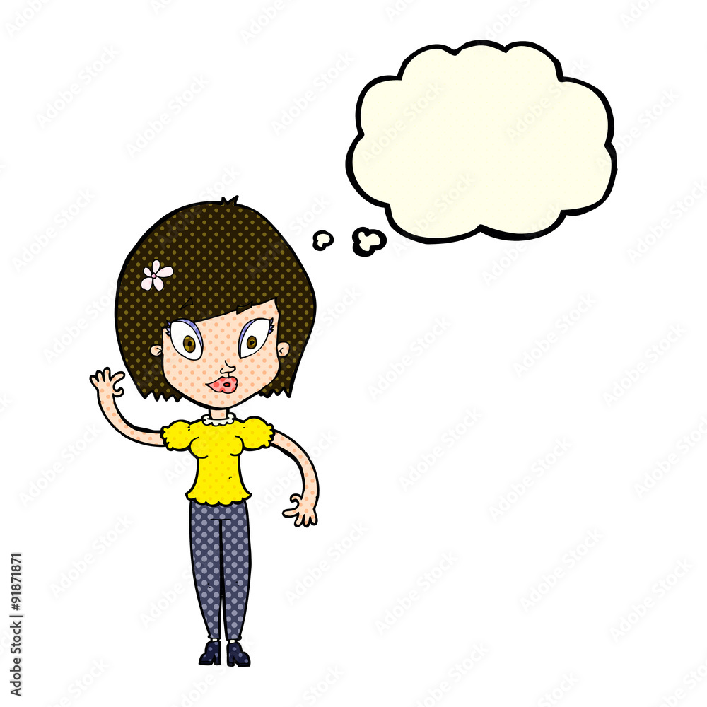 cartoon pretty woman waving with thought bubble cartoon pretty woman waving with thought bubble