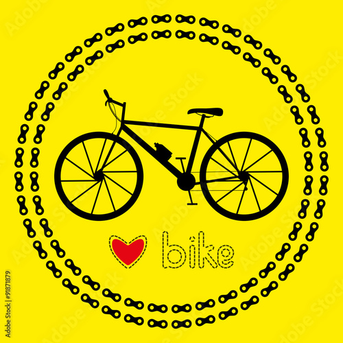 Love bike icon (logo or label). Isolated Black Silhouette of bicycle in chain circles. Vector Illustration