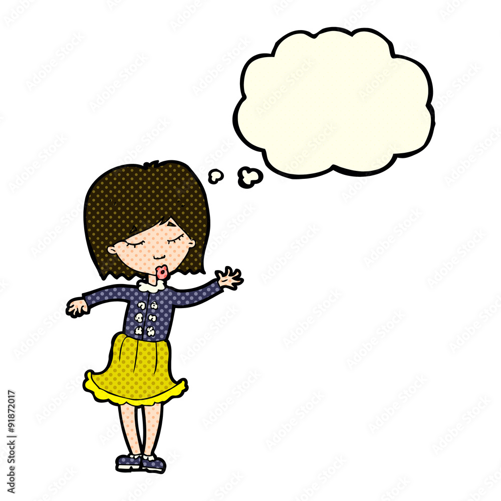 cartoon waving woman with thought bubble cartoon waving woman with thought bubble