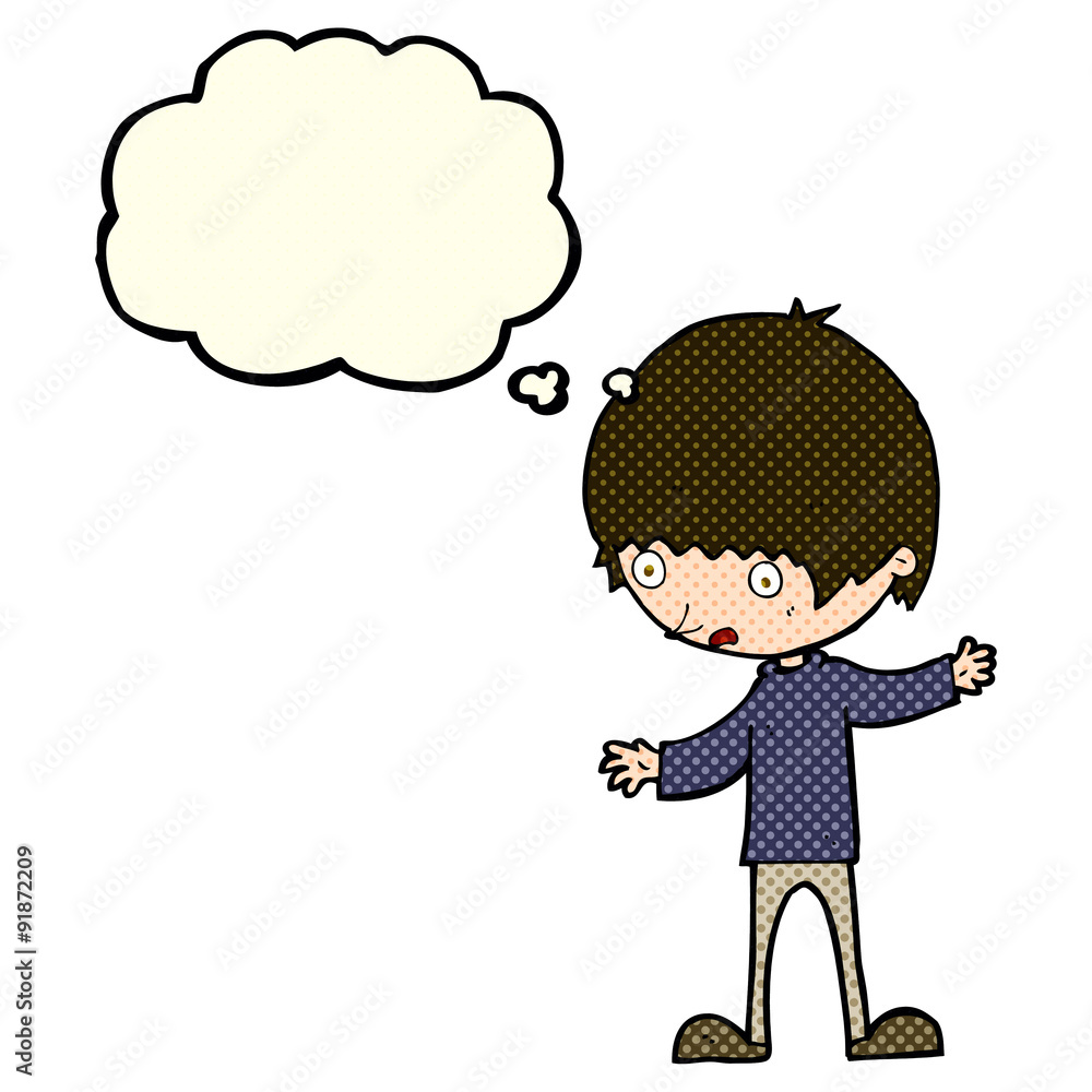 cartoon boy with outstretched arms with thought bubble cartoon boy with outstretched arms with thought bubble