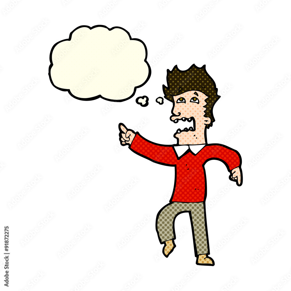 cartoon frightened man pointing with thought bubble cartoon frightened man pointing with thought bubble