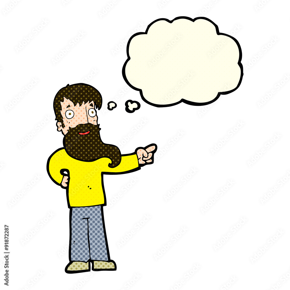 cartoon man with beard pointing with thought bubble