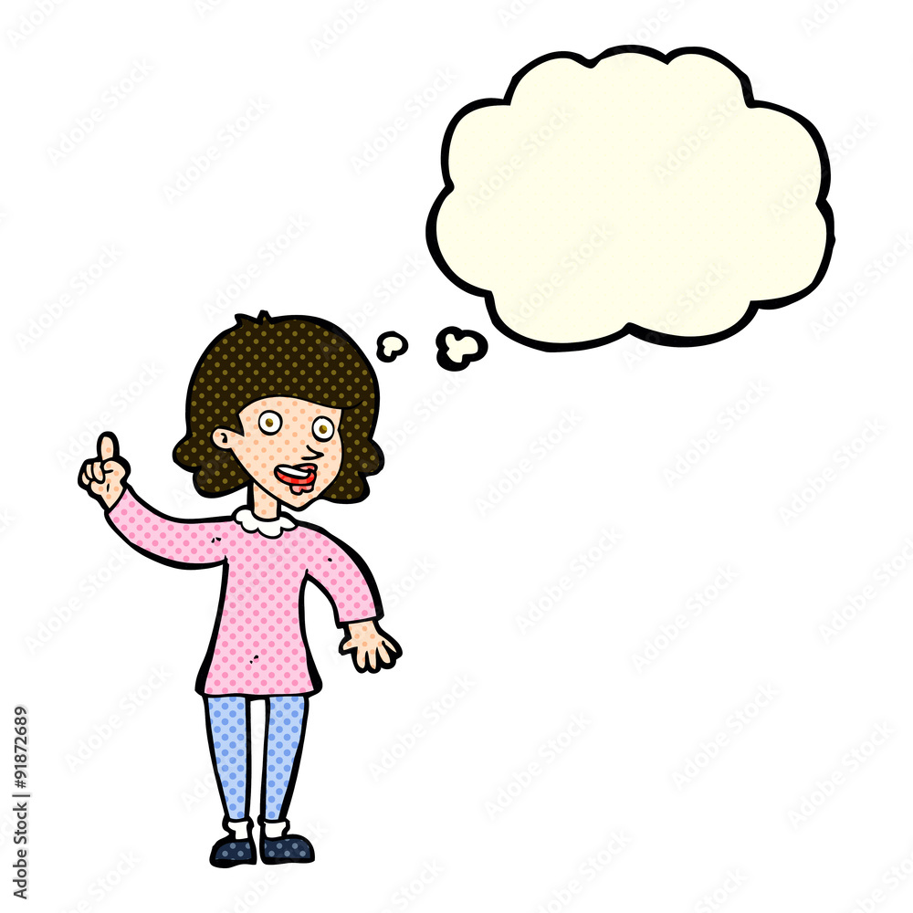cartoon woman with idea with thought bubble cartoon woman with idea with thought bubble