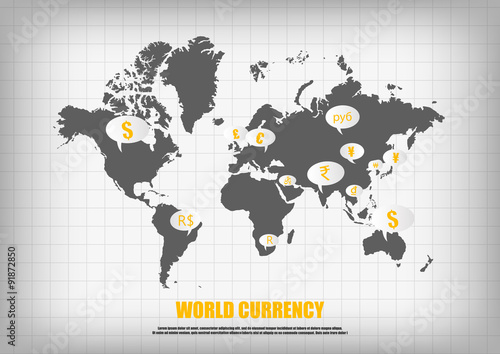 Vector : World map and currency in bubble quotes for each countr