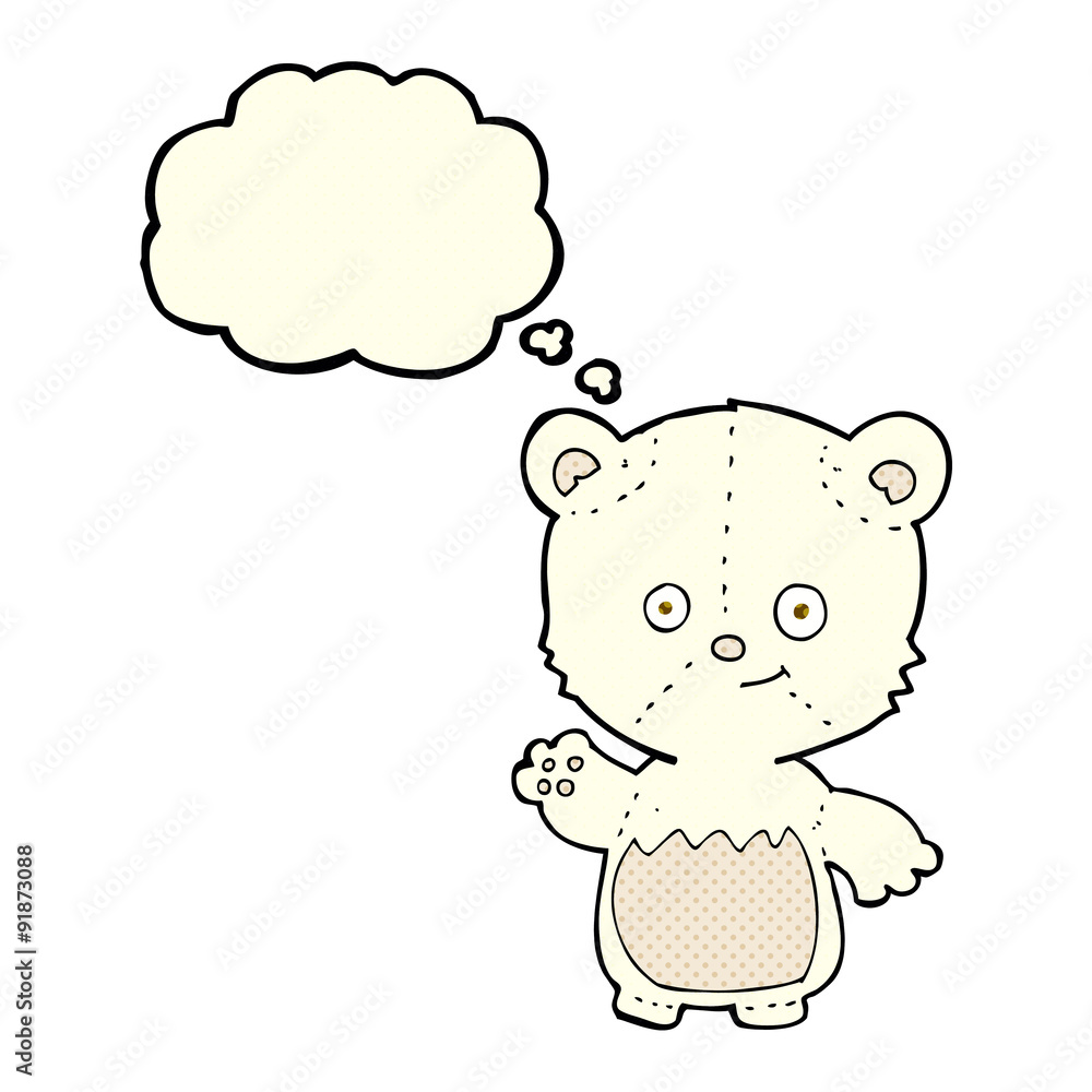 cartoon little polar bear waving with thought bubble