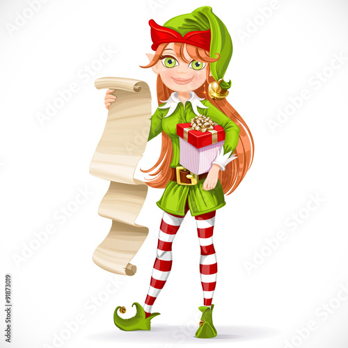 Cute girl Santa elf with list on parchment