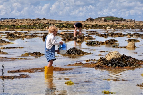 Une fillette cherche des crevettes et des crabes sur une plage photo