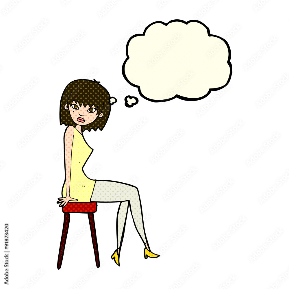 cartoon woman sitting on stool with thought bubble cartoon woman sitting on stool with thought bubble