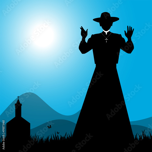silhouette di prete con chiesa sullo sfondo