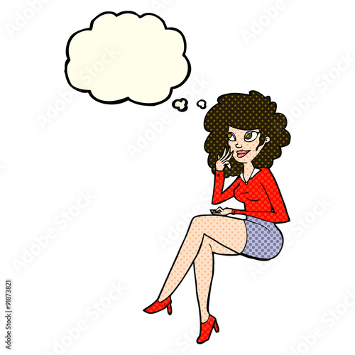 cartoon office woman sitting with thought bubble