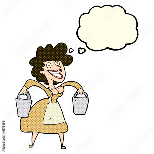 cartoon milkmaid carrying buckets with thought bubble
