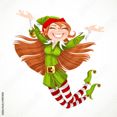 Cute girl Santa elf jump with joy isolated on a white background