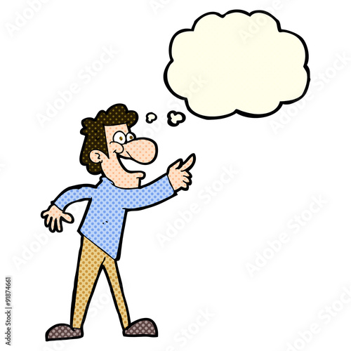 cartoon man pointing and laughing with thought bubble