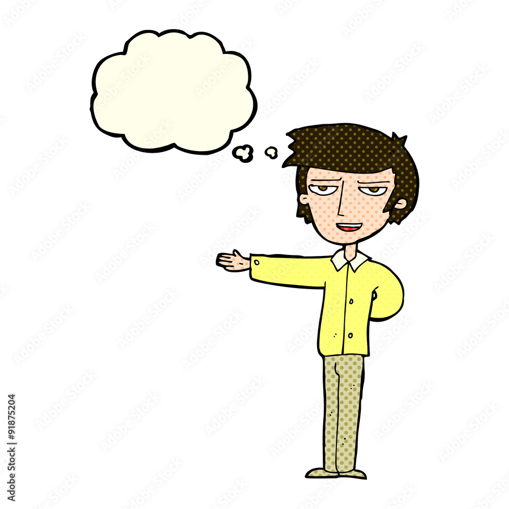 cartoon man gesturing welcome with thought bubble cartoon man gesturing welcome with thought bubble