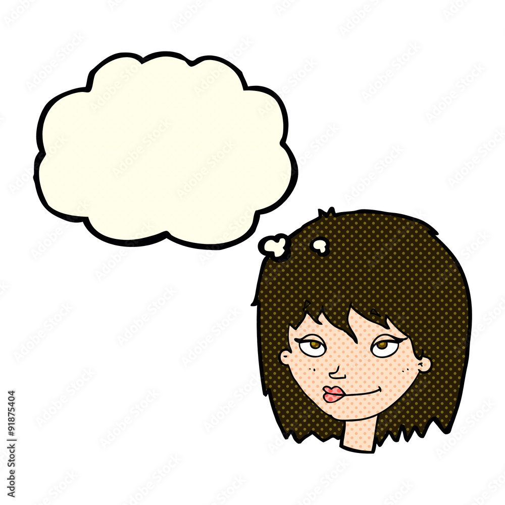 cartoon smiling woman with thought bubble