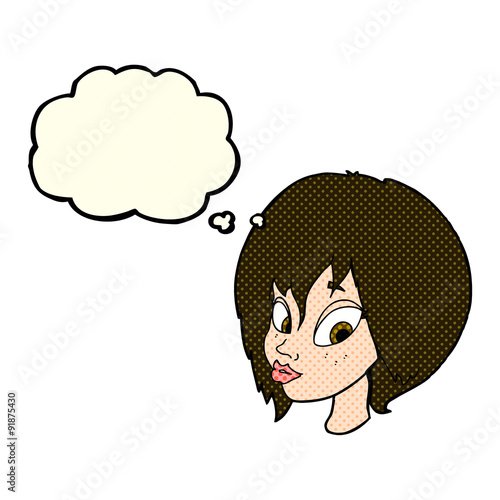 cartoon pretty female face pouting with thought bubble
