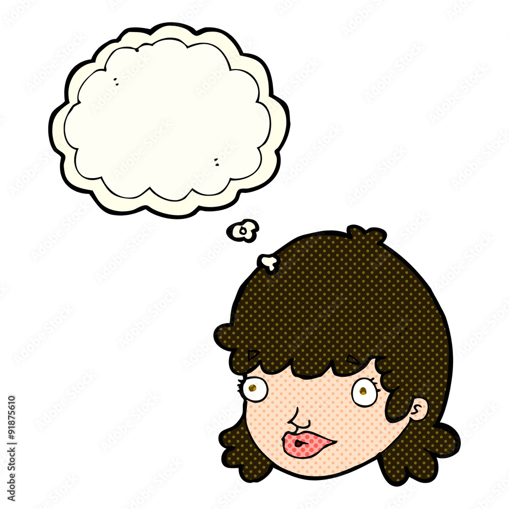 cartoon female face with surprised expression with thought bubbl