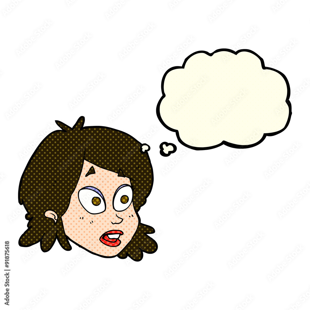 cartoon female face with surprised expression with thought bubbl cartoon female face with surprised expression with thought bubbl