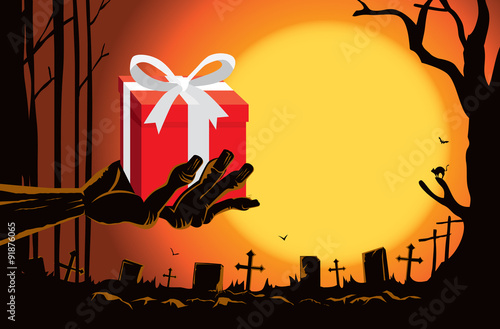  Zombie hand holding gift box in the grave in the cemetery at night. This illustration is Halloween theme