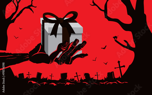  Zombie hand holding gift box in the grave in the cemetery at night. This illustration is Halloween theme