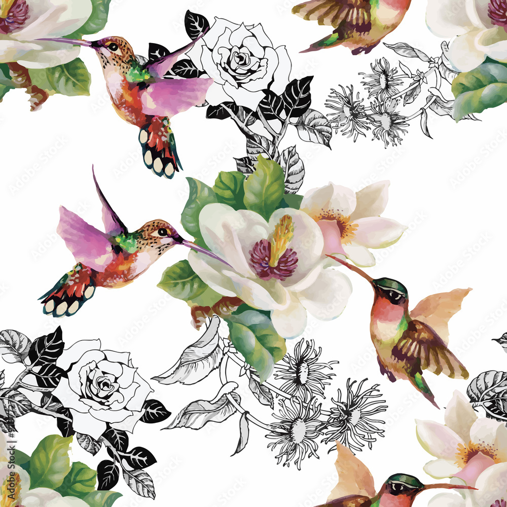 Fototapeta premium Tropical floral watercolor seamless pattern with colibris and