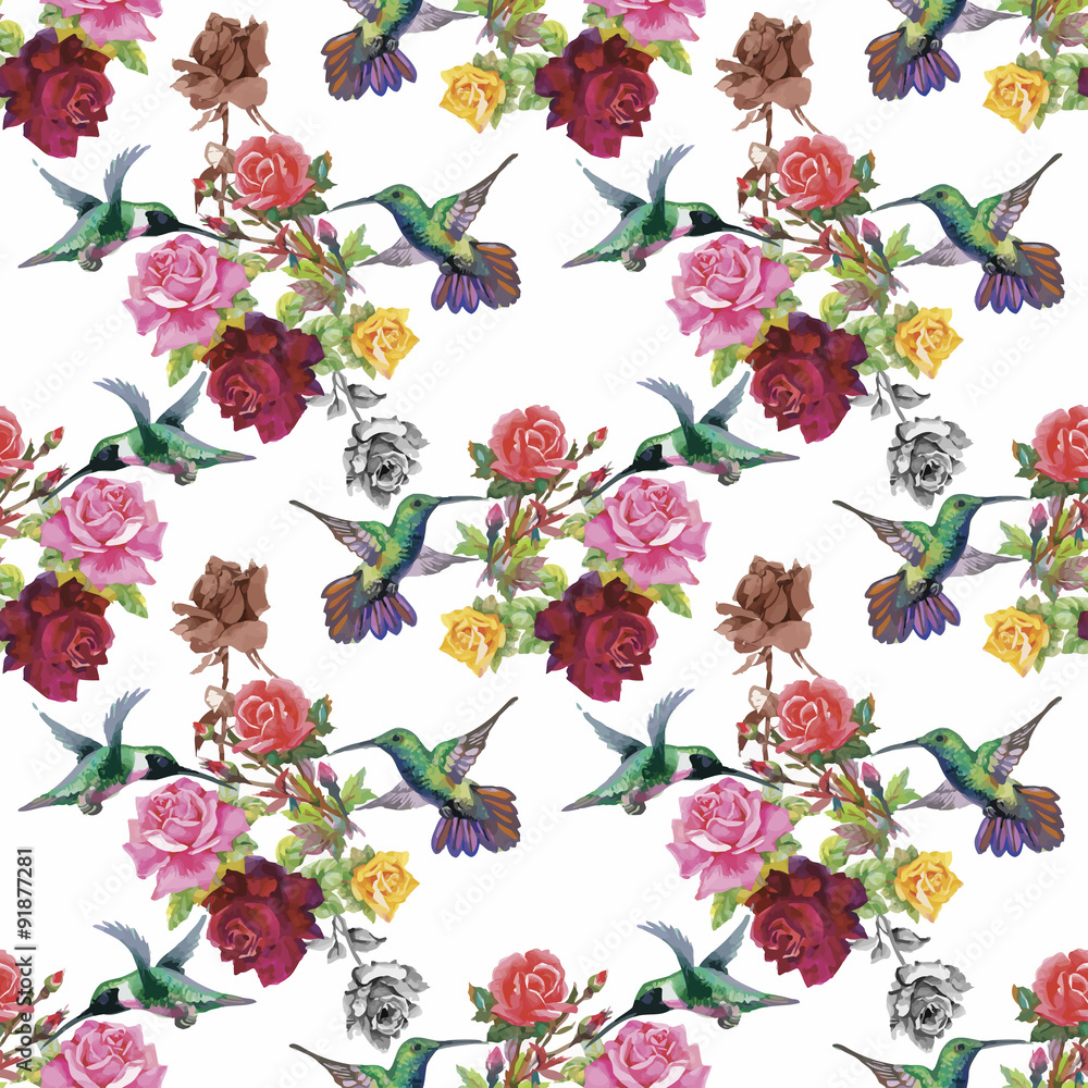 Naklejka premium Tropical floral watercolor seamless pattern with colibris and