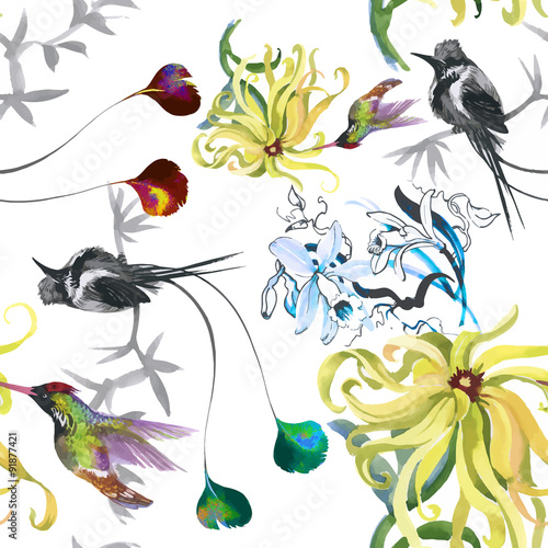 Tropical floral watercolor seamless pattern with colibris and